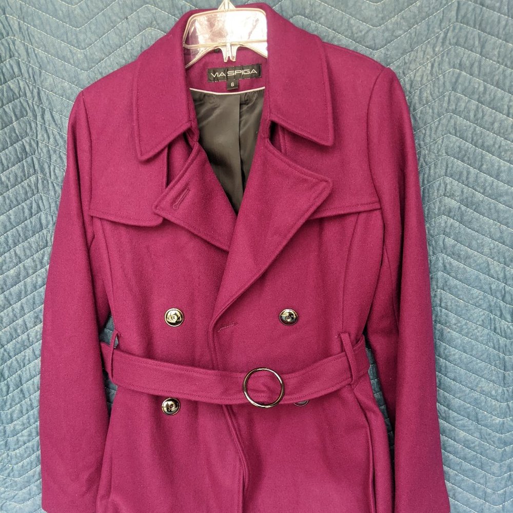 Via Spiga Wool Blend Burgundy Buckle Tie Waist Coat Jacket Women’s Size 6